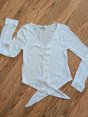 Hollister White Button Front Tie Waist Long Sleeve Top